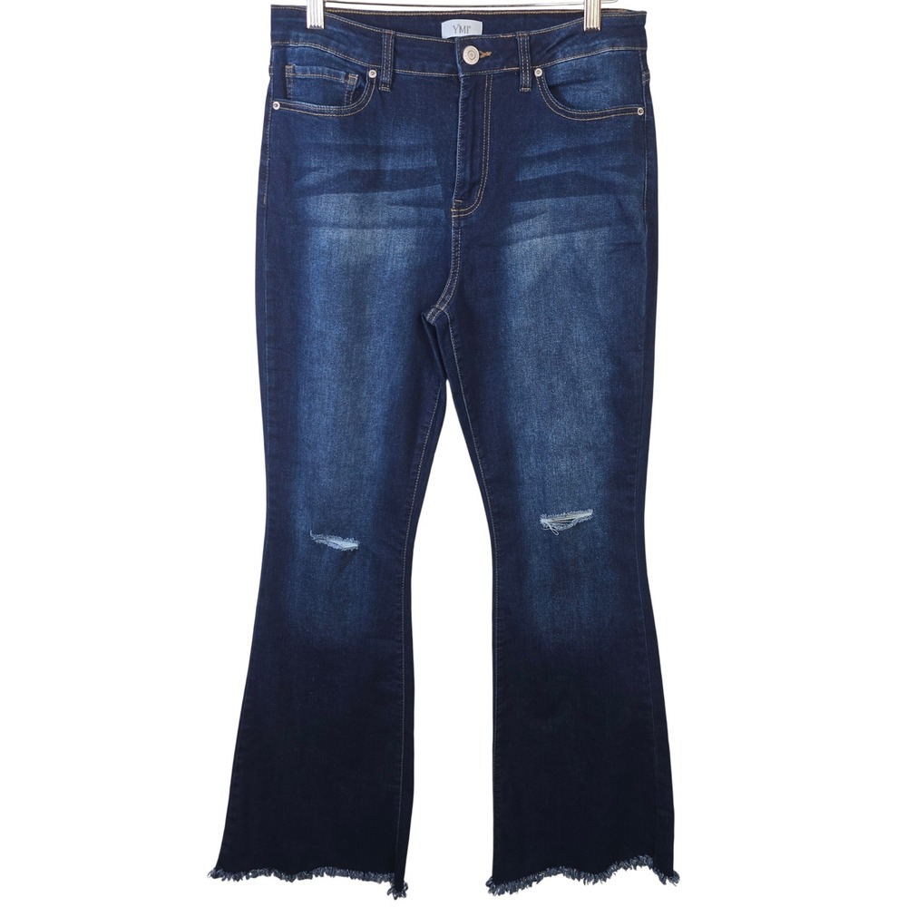 YMI Jeans Womens 13/31 High Rise Flare Distressed Raw Hem Dark Wash Blue Denim
